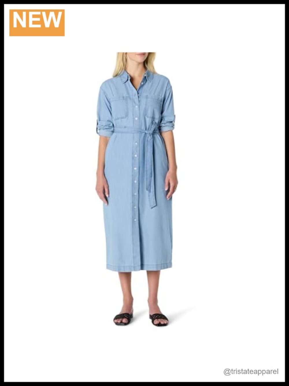 Women's Denim Chambray Long-Sleeve Button-Up Midi Dress